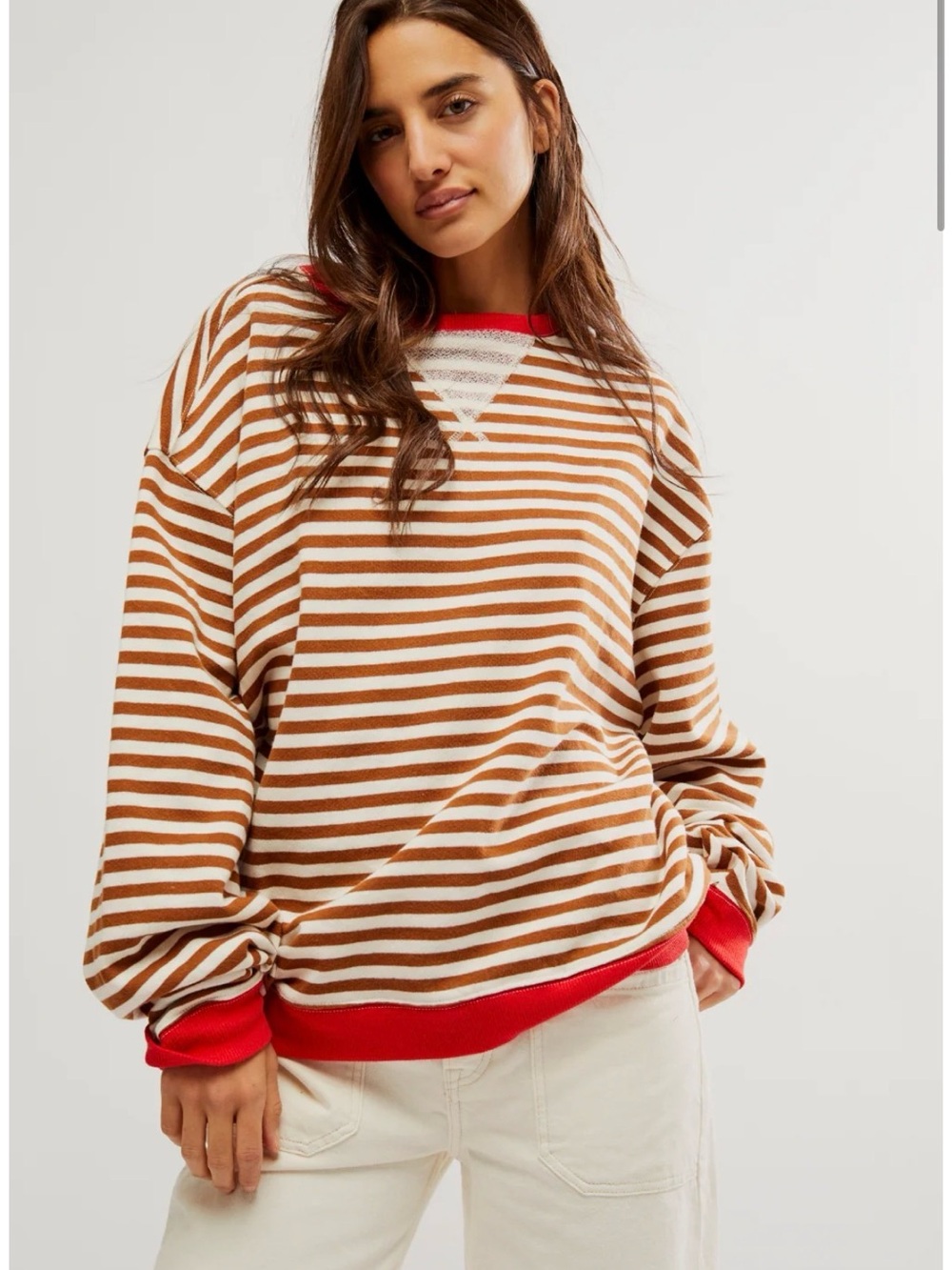 LIKE NEW We The Free Classic Striped Oversized Crewneck in Coffee Combo
